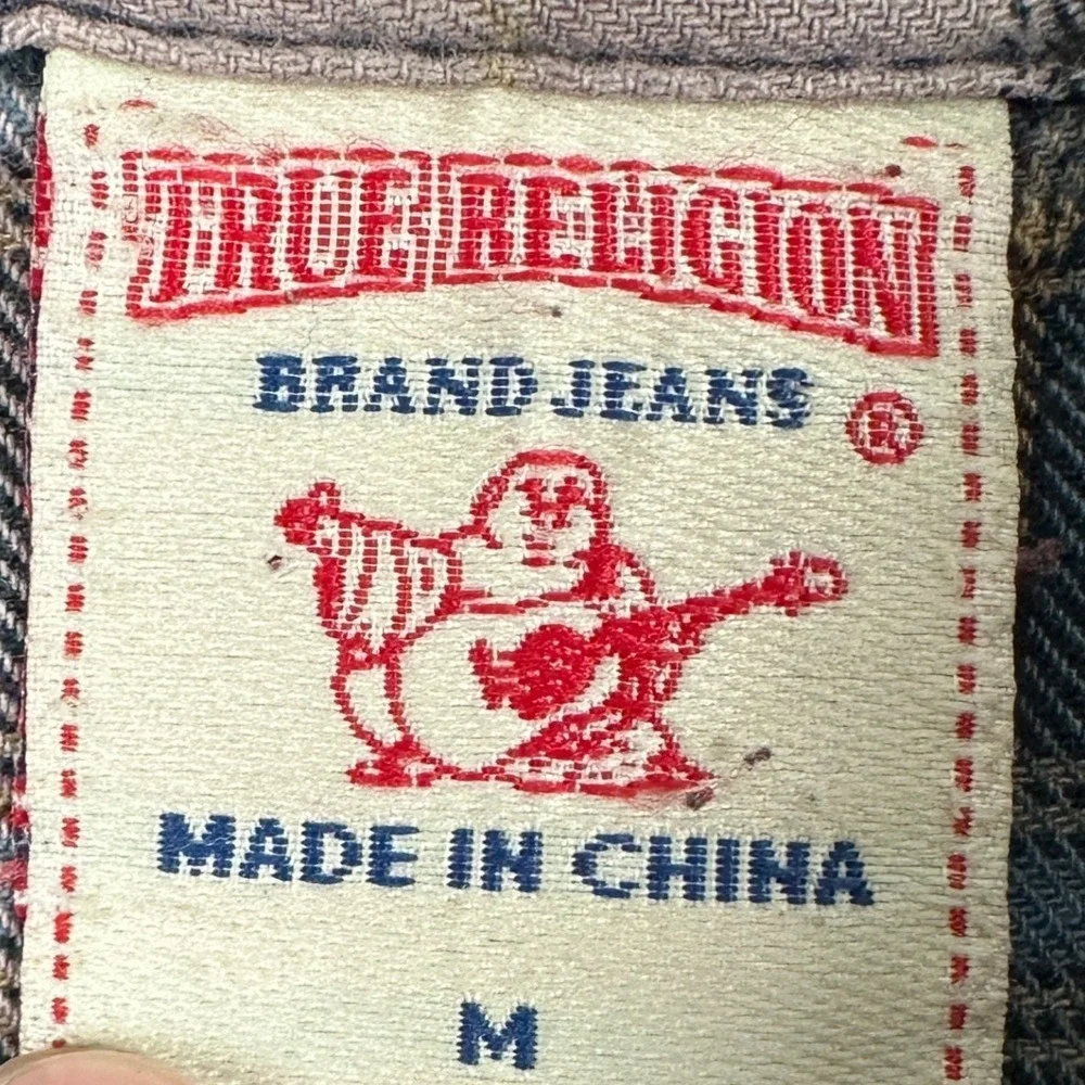 True Religion Shirt Western Mens Medium Pink Blue Pearl Snap Button Flap Pocket